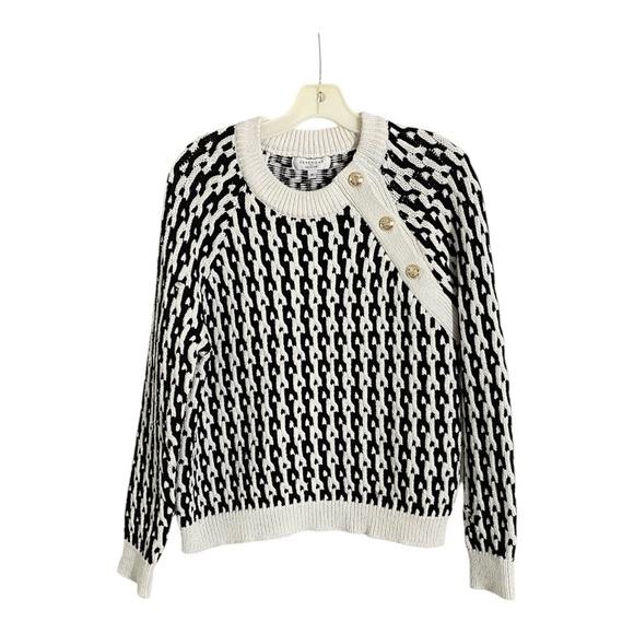Derek Lam Collective Sweater Crewneck Gold Shoulder Buttons Black White Knit M - Picture 5 of 9